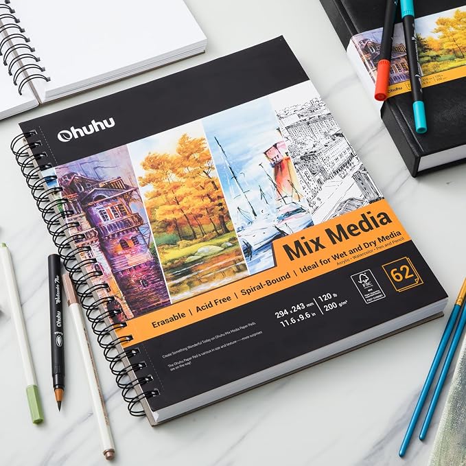 Ohuhu Mix Media Pad, 8.8" x 11.6" Mixed Media Art Sketchbook, 120 LB/200 GSM Heavyweight Papers, 62 Sheets/124 Pages, Spiral Bound Mixed Media Paper Pad for Acrylic, Painting Christmas Gift