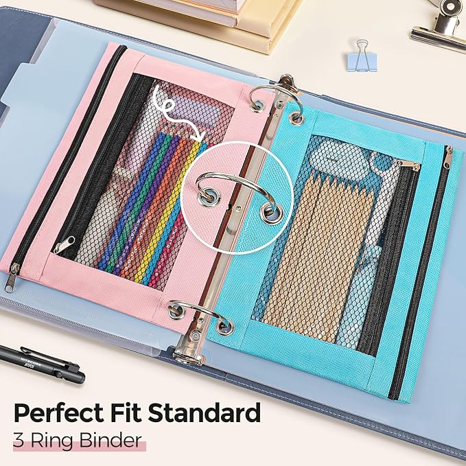 KONVINIT Pencil Pouch for 3 Ring Binder, Zipper Binder Pencil Pouch, Durable Cloth Pencil Case with 2 Pockets, Mesh Window Pencil Case Pouch for School Supplies, Cables, Earbuds, Makeup, Pink