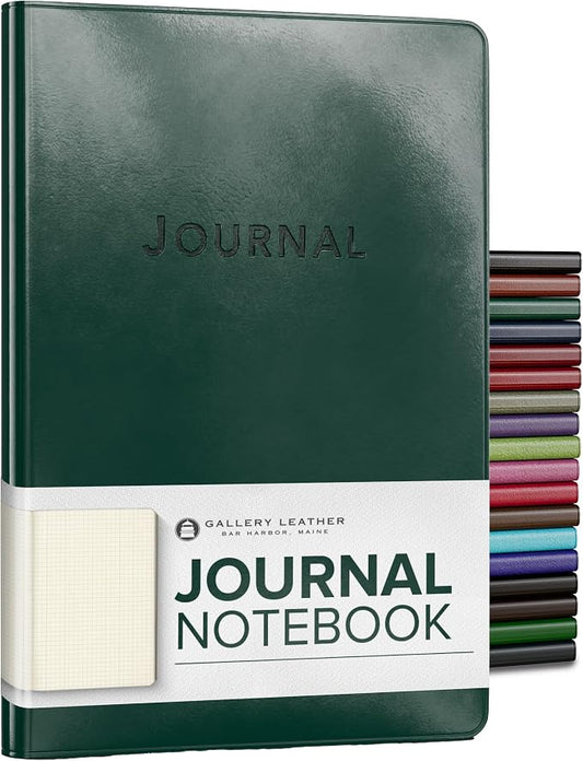 Gallery Leather Journal Notebook - 192 Pages, Softcover, For Men and Women | For Writing, Work & Travel, Handcrafted - Acadia Green - 8 x 5.5, Desk Grid