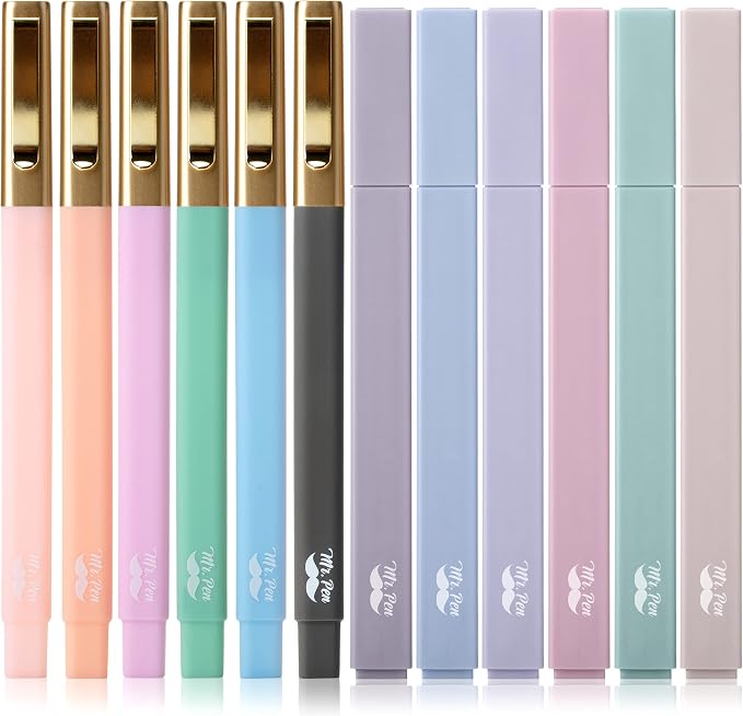 Mr. Pen- Aesthetic Highlighters and Ballpoint Pens No Bleed, 12 Pack | Pastel Colors, Bible Highlighters and Black Ink Pens No Bleed, Fast Dry and No Smear for Bible Journaling, Planner