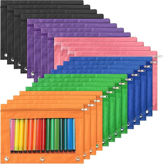 Marspark 48 PCS Pouch Bag for 3 Ring Binder - Bulk Zipper Pencil Binder Pouches with Clear Window for Utensils Storage Supplies(Multicolor)