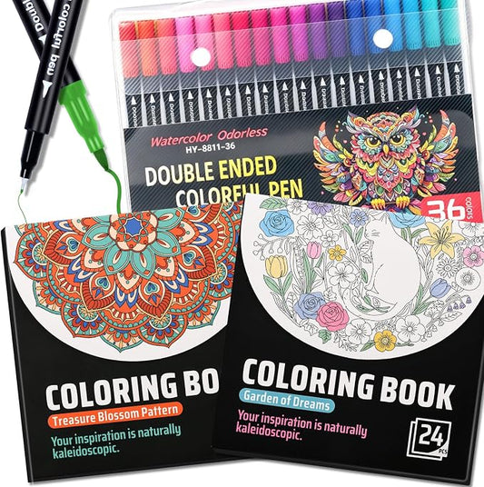 Adult Coloring Book Set with Markers, 36 Colors Makers with 2Pack Adult Coloring Books for Adults Relaxation Calming, 48 Patterns,Anxiety Relief Gifts for Women Painting,Calligraphy, Doodling Journal