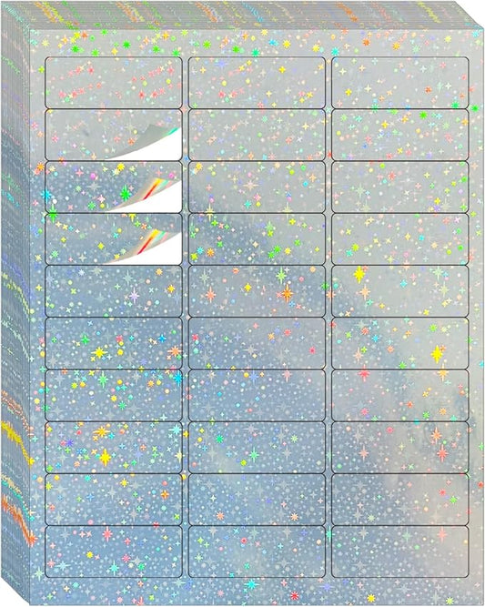 1" x 2-5/8" Address Labels- Holographic Color Stickers for Laser/Inkjet Printer mailing Labels 8.5"×11"- Holographic Star- 20 Sheet