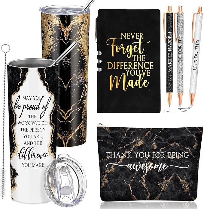 Domensi 6 Pcs Employee Appreciation Gift Set for Women Female Thank You Gift May You Be Proud 20 oz Rustic Marble Sign Tumbler Makeup Bag Journal for Boss Teacher Work Business(Black)