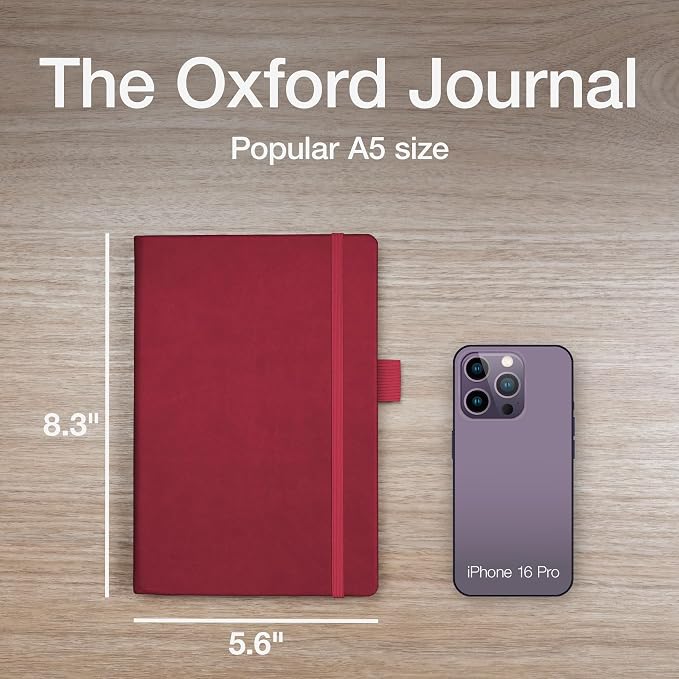 Oxford Premium A5 Journal Notebook, 5" x 8", 320 Lined Pages, Red Hardcover, Elastic Closure, Ribbon Bookmark, Pen Loop, Writing Notebook, Journal for School, Office, and Home (1017293)