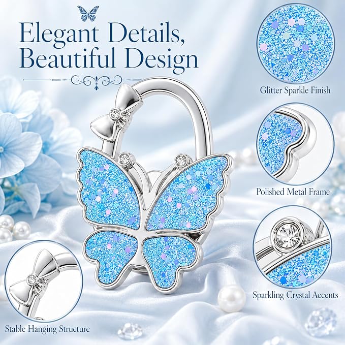 Purse Hook for Table, Foldable Handbag Hanger for Women, Portable Bag Holder with Non-Slip Base, Cute Star Light Blue Butterfly Purse Table Hook for Restaurant Office Travel Gift