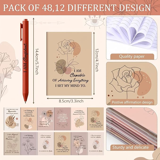 Mooliwe 96 Pcs Positive Affirmation Gift Set Gratitude Notebooks with Pens Small Bags Motivational Encouragement Notepads Daily Affirmations Journal for Women Stress Relief Self Care (Elegant)