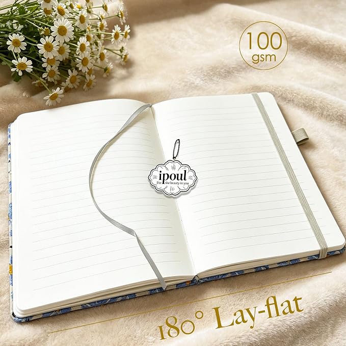 A5 Notebook, Flower Journal, Embroidered Notebook, 8"x6", Hardcover, Lay Flat, Lined, Wide Ruled Paper, Personalized Notebook, Pretty Journal, Daisy Gifts for Women, Blue, with Elastic Band