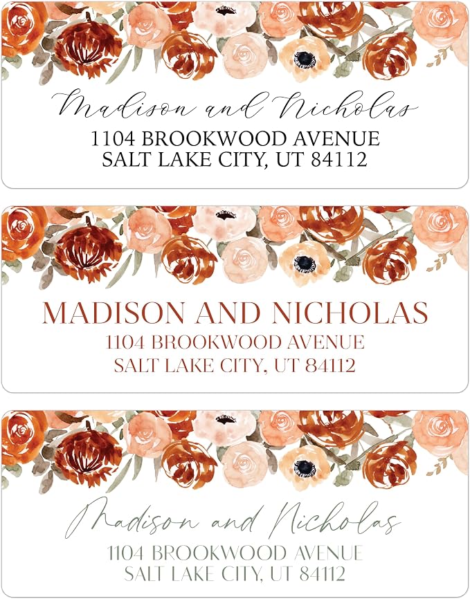 Return Address Labels Personalized with Your Choice of 30 Flower Styles - Choose Font and Font Color or Add Custom Text - Perfect for Wedding Envelopes (025 Orange Flowers)