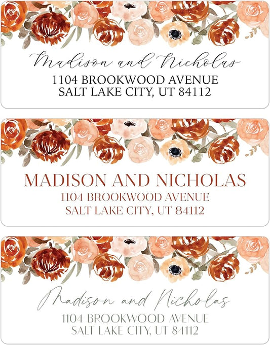 Return Address Labels Personalized with Your Choice of 30 Flower Styles - Choose Font and Font Color or Add Custom Text - Perfect for Wedding Envelopes (025 Orange Flowers)