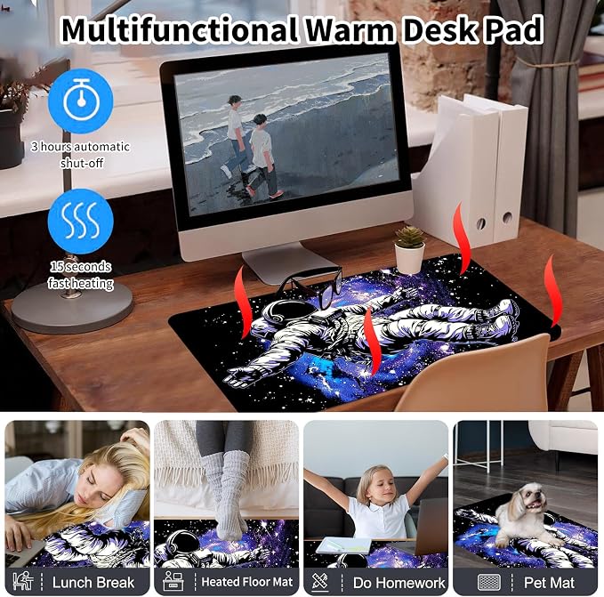 Heated Desk Pad Mouse Pad,Heated Desk Mat,with 3 Heating Levels & 3 Hours Auto Shut-Off,Leather 23.6"*14.2" Gaming Mouse Laptop Mat,Foot Warmer,Astronauts Space Purple