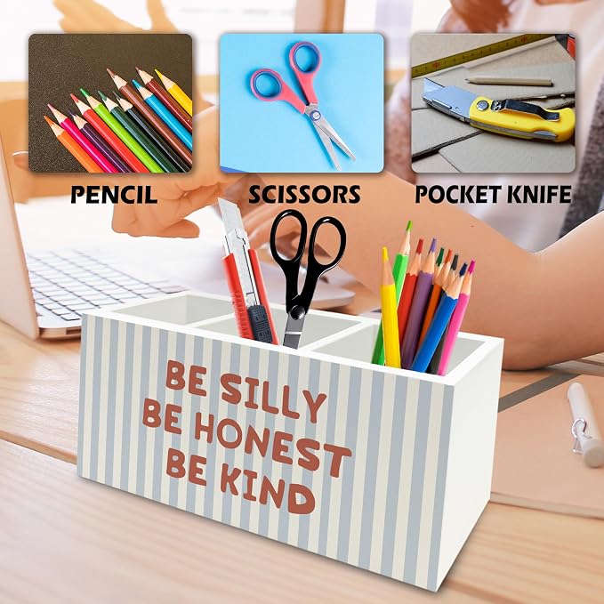 Inspirational Pen Pencil Holder Organizer for Desk, Be Silly Honest Kind Motivational Blue Striped Wooden Box Signs Decorations for Kids Nursery Room Bedroom Desk Tabletop, Inspirational Gifts