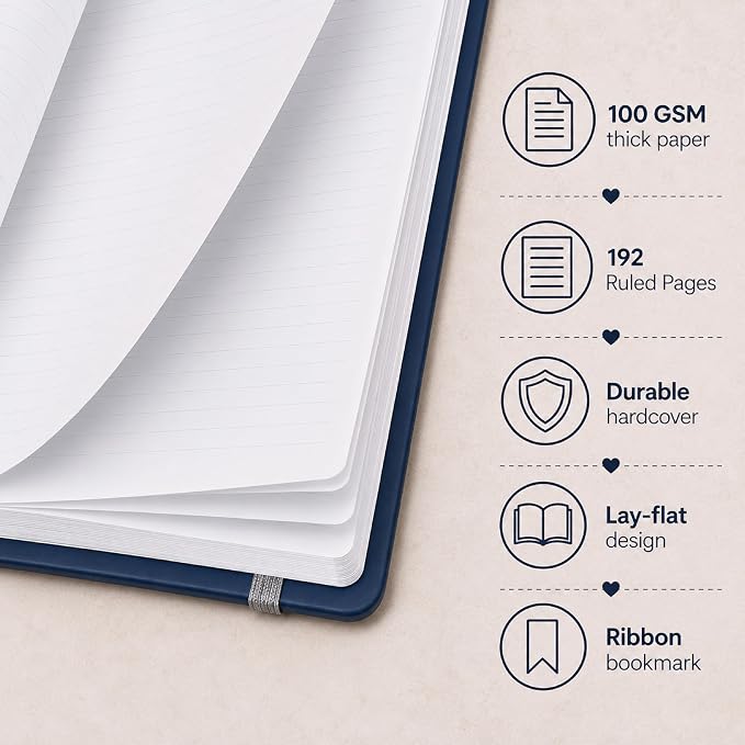 Eccolo Cool Jazz Hardbound Writing Journal, 192-Page Lined Paper, Lay-Flat | Elastic Band Closure, Interior Gusset Pocket, Double Ribbon Bookmarks and Built-In Pen Holder, Durable Section-Sewn Binding