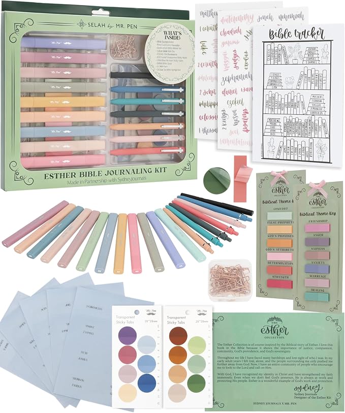 Esther Bible Journaling Kit, Loaded Bible journaling Supplies, Highlighters, Pens, Vellum Bible Tabs, Sticky Notes, Sticker Sheets, Fineliner, Paperclips & Bible Study Guide