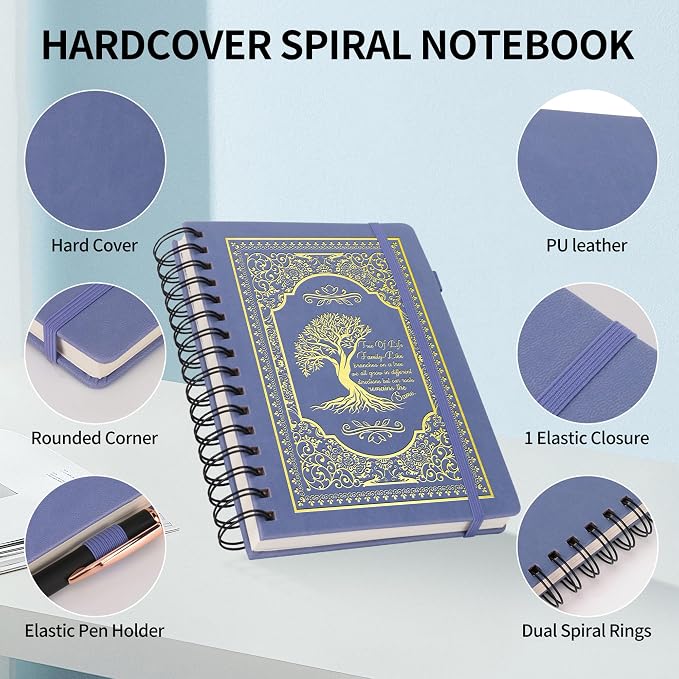 A5 Hardcover Spiral Notebook Tree of Life Journal Daily Journals for Writing Travel Notebooks Journal for Women Men 80GSM Paper Leather Spiral Journal,5.7"x8.3"（Spiral Tree -Purple)
