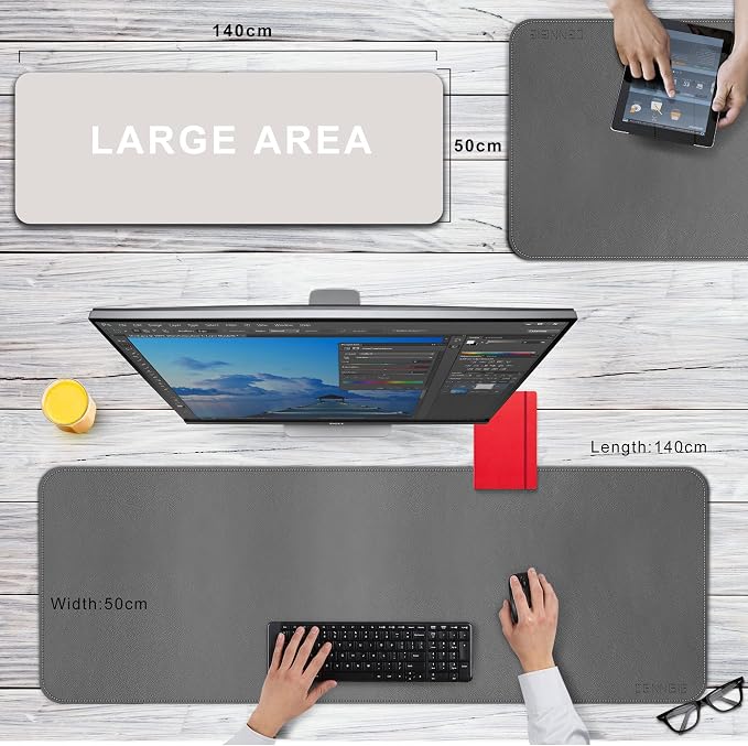 CENNBIE Leather Desk Mat, 55''x19.6'' Extra Large Desk Pad (Grey) | Premium stitched edges resist wear. Easy to clean. Protects desk from spills, stains ,scratches. Smooth glide. Office & home