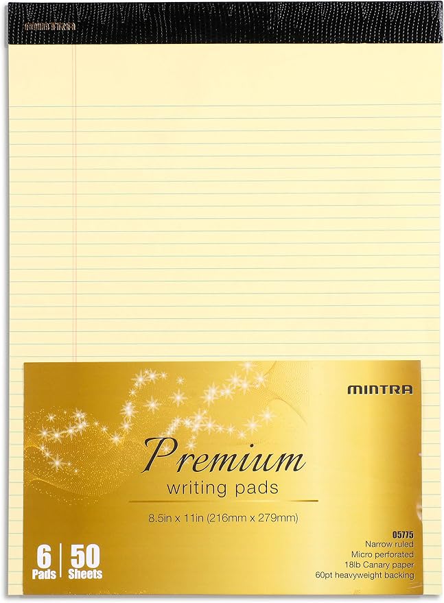 Mintra Office Canary Legal Pads - Premium Quality Heavyweight Paper With Micro-perforated sheets, Smooth-lined paper, Ideal for Office Tasks, Assignments or Notes, Meetings, and Journaling, 6 pack, Yellow Paper, Narrow Ruled, Premium Writing Pad, 8.5"x11"