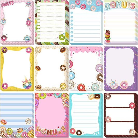 Chiisong 12 Pieces Cute Sticky Notes Gifts Donuts Sticky Notes Donut Party Favors 3x4 Inch Fun Kawaii Adhesive Notepads Cartoon Memo to Do List for Birthday Return Gifts Reward Office Home Supplies
