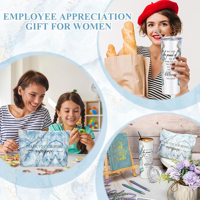Domensi 6 Pcs Employee Appreciation Gift Set for Women Female Thank You Gift May You Be Proud 20 oz Rustic Marble Sign Tumbler Makeup Bag Journal for Boss Teacher Work Business(Blue)