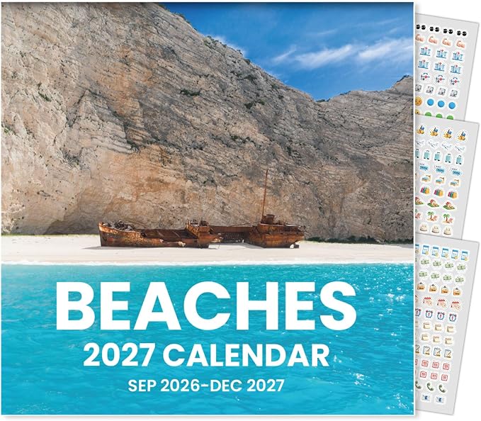 SUNEE Calendar 2026-2027 for Wall, 2027 Large Wall calendar 12x12 Inches with 16 Months from September 2026 to December 2027, Thick Glossy Paper, 12" x 24" (Open), Beaches