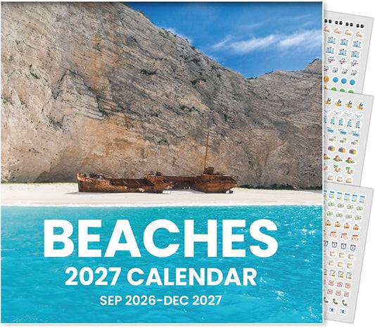 SUNEE Calendar 2026-2027 for Wall, 2027 Large Wall calendar 12x12 Inches with 16 Months from September 2026 to December 2027, Thick Glossy Paper, 12" x 24" (Open), Beaches