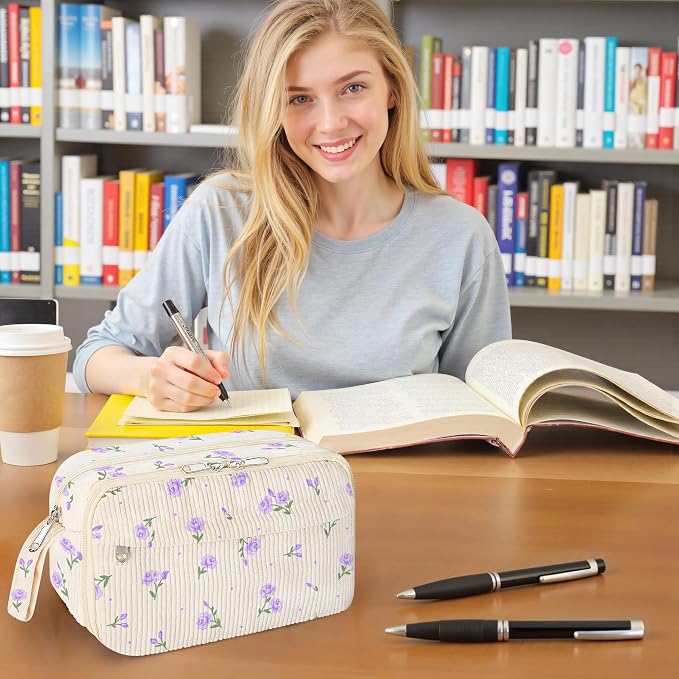 WOBAGMEN Cute Pencil Case,Large Corduroy Zippered Pencil Case Pouch, aesthetic Pencil Bag with Compartments, Pencil Pouch School Supplies (HY-corduroy pc-purple floral)