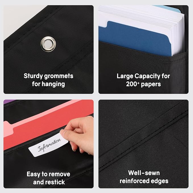 SUNEE 5 Pockets Hanging Wall File Organizer, Black Storage Pocket Chart for File Folder and Paper, Space Saver for Office and Classroom, with Wall Hangers, Over The Door Hooks, Labels