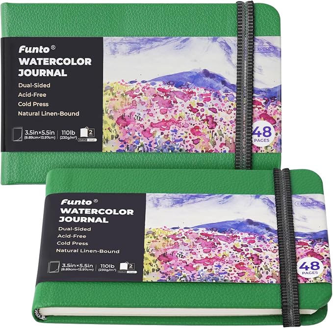 Funto Watercolor Journal, 3.5x5.5, 2 Pack, 24 Sheets Each, Cold-Pressed with Inner Pocket, 110lb/230gsm, Suitable for Techniques and Mixed Media