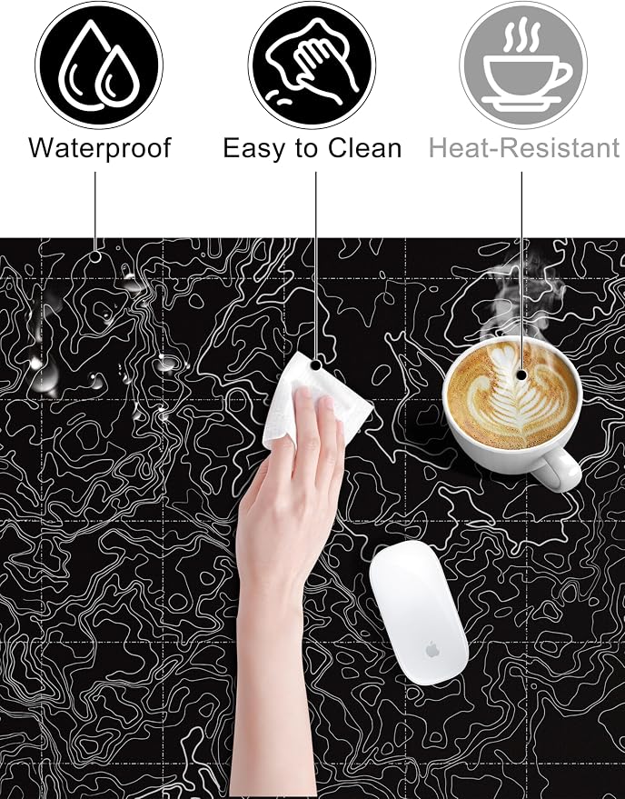 TopMade Mouse Pad with 15W Fast Wireless Charging, 31.5"x15.75" XXL Large Gaming Waterproof Desk Pad with Ultra-Smooth Surface, Non-Slip Base, Computer Desk Mat, Black Topographic Map #3