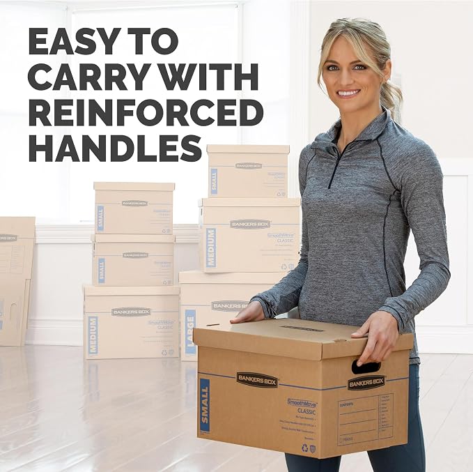 Bankers Box 10-Pack Small Classic Moving Boxes with Reinforced Handles | Pack books, files, and dense items with sturdy small boxes built for easy carrying and organized moves.