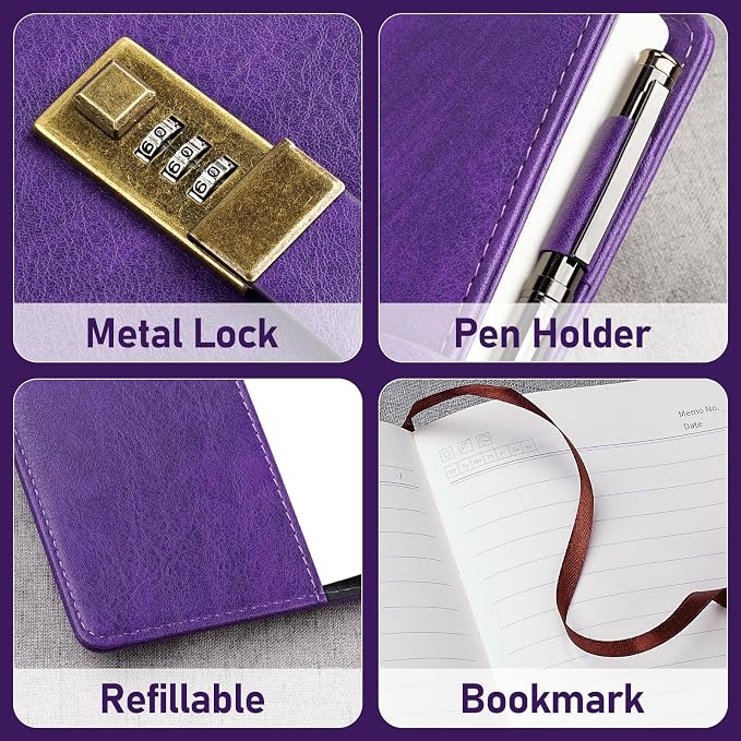 WEMATE Diary with Lock, A5 PU Leather Journal with Lock 240 Pages Purple | Vintage Lock Journal Password Notebook with Pen & Gift Box, Lock Diary Planner Organizer for Men and Women, 8.6x5.8in