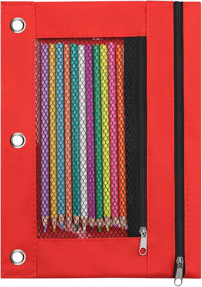 Pencil Pouch for 3 Ring Binder, Pencil Case with Zipper, 600D Fabric Pencil Pouch Bag Holder Accessories, Clear Window Pencil Case Aesthetic Back to School Organizer Pockets for Boy Girl (Red)