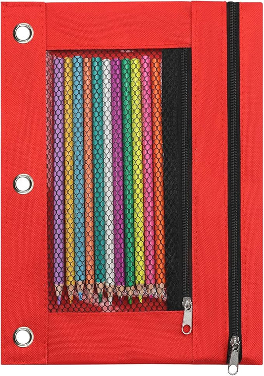 Pencil Pouch for 3 Ring Binder, Pencil Case with Zipper, 600D Fabric Pencil Pouch Bag Holder Accessories, Clear Window Pencil Case Aesthetic Back to School Organizer Pockets for Boy Girl (Red)