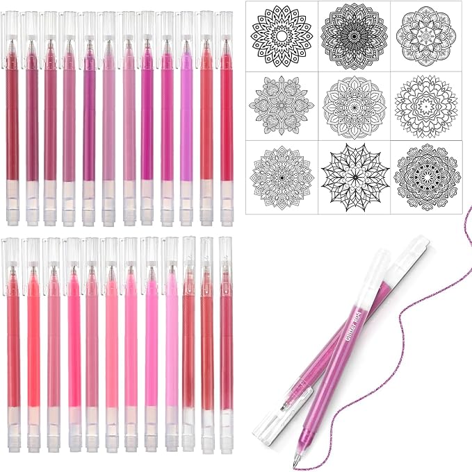 Red Pink Gel Pens Set,24 Colored Gel Pens Glitter Metallic Pastel Morandi Neon Color Gel Pen More Ink Colored Gel Pens for Adults Coloring Books Drawing, Doodling, Scrapbook, Journaling