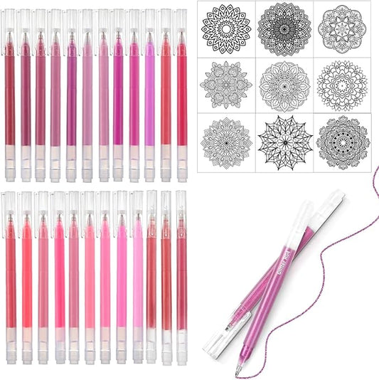 Red Pink Gel Pens Set,24 Colored Gel Pens Glitter Metallic Pastel Morandi Neon Color Gel Pen More Ink Colored Gel Pens for Adults Coloring Books Drawing, Doodling, Scrapbook, Journaling
