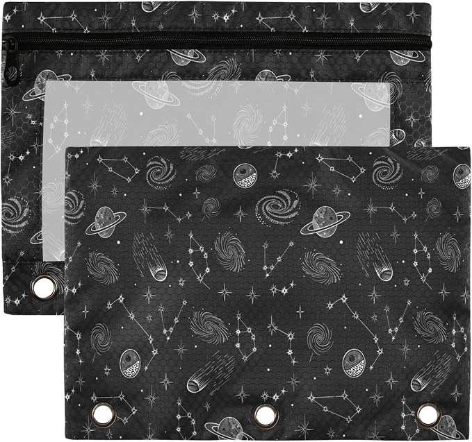 Space Planet Stars Moon Binder Pouches 3 Ring for Boys Girls School Office College Supplies Galaxy Black Universe Rocket Pencil Pouches Case Bag with Clear Window and Zipper 2 Pack