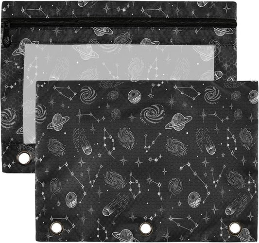 Space Planet Stars Moon Binder Pouches 3 Ring for Boys Girls School Office College Supplies Galaxy Black Universe Rocket Pencil Pouches Case Bag with Clear Window and Zipper 2 Pack