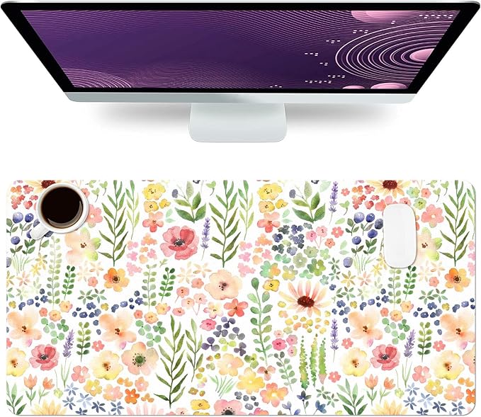 Flower Large Mouse Pad, Floral Desk Matt for Desktop, PU Leather Waterproof Desk Pad, Computer PC Laptop Protector Gaming Mouse Pads for Women Office Decor (23.6" x 11.8")