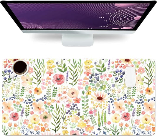 Flower Large Mouse Pad, Floral Desk Matt for Desktop, PU Leather Waterproof Desk Pad, Computer PC Laptop Protector Gaming Mouse Pads for Women Office Decor (23.6" x 11.8")
