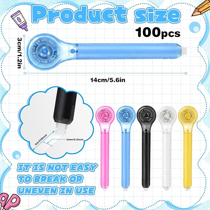 AmazingSpark 100 Pack Correction Tape Pen, 0.2" x 236" White Correction Tape Push Pull Protective Cover Easy to Use Applicator for Office Supplies