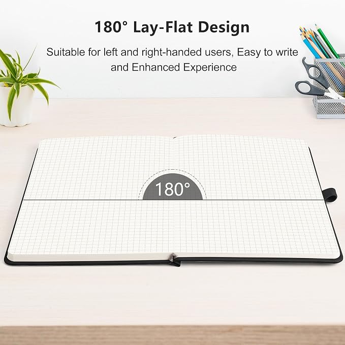 RETTACY Graph Grid Paper Notebook, 192 Pages, A5 Size (5.7'' x 8.3'') | 5 Squares per Inch, Leather Hardcover, 100 GSM Thick Paper, for School, Students, Math, Engineering (Black)