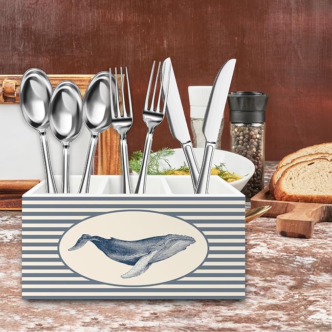 Coastal Beach Whale Pen Pencil Holder Organizer for Desk, Beach Office Decor, Blue Striped Marine Biology Ocean Wooden Box Signs Decorations for Home Office Desk Tabletop, Whale Gifts