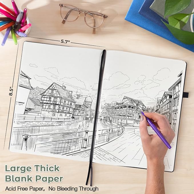 Blank Notebook, Hardcover Sketchbook, Leather Unlined Journal for Women Men | No Bleed Thick Paper Sketch Book for Drawing/Writing/Journaling, Lay Flat, A5 Portable Size for Work, School, and Travel
