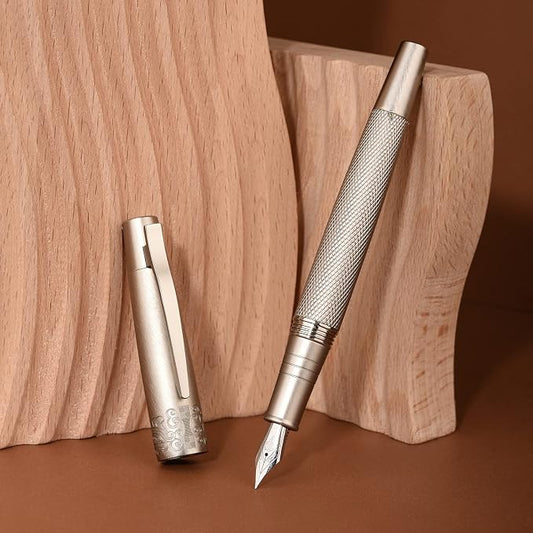 6013 Silver General Fountain Pen, Iridium Gold-silver Extra Fine Nib Solid Metal Writing Pen with Metal Case by Hongdian