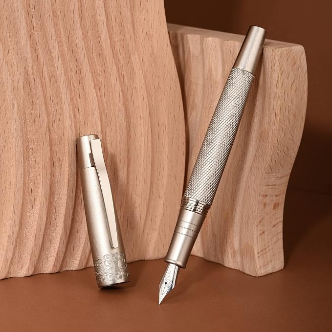Hongdian 6013 Silver General Fountain Pen, Iridium Gold-silver Fine Nib Solid Metal Writing Pen with Metal Case