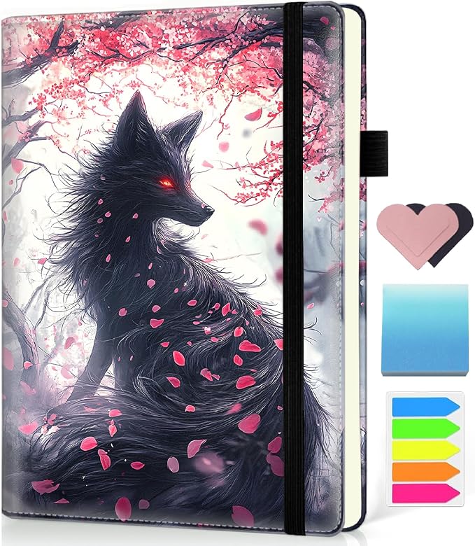 Hardcover Executive Notebooks, A5 PU Leather Lined Journal Notebook, 200 Pages Thick Paper Subject Notebooks for School,Work,Home Writing Business Notebook, Diary Book ，Kitsune Fox