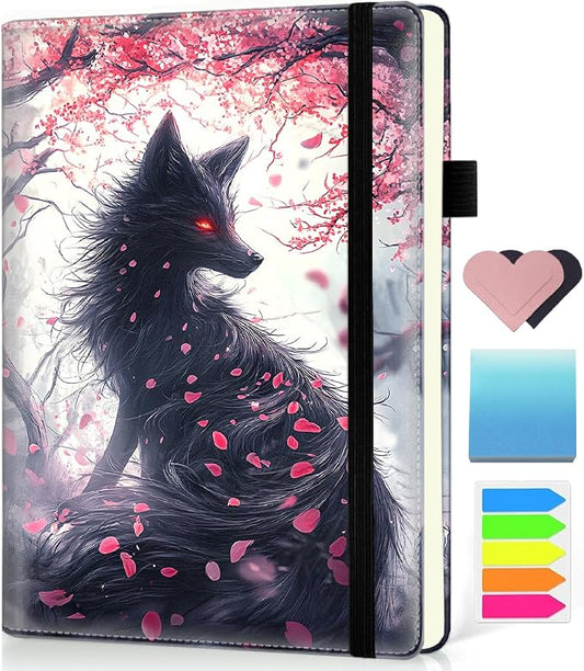 Hardcover Executive Notebooks, A5 PU Leather Lined Journal Notebook, 200 Pages Thick Paper Subject Notebooks for School,Work,Home Writing Business Notebook, Diary Book ，Kitsune Fox