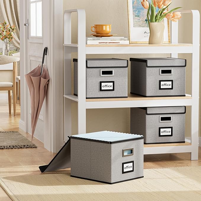 Portable File Organizer Boxes Set of 4, Large Linen Hanging Office Document Storage Boxes with Lids, Collapsible Filing & Storage Boxes for Office/Decor/Home - 14.9 x 12.7 x 10.8 inch