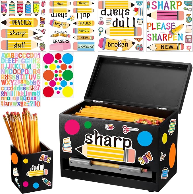 Mifoci 8 Pcs Wooden Pencil Dispenser Kit for Classroom Wooden Pen Holder Straw Dispenser Sharp and Dull Letter Stickers for Teachers Classroom Supplies Storage(Black)