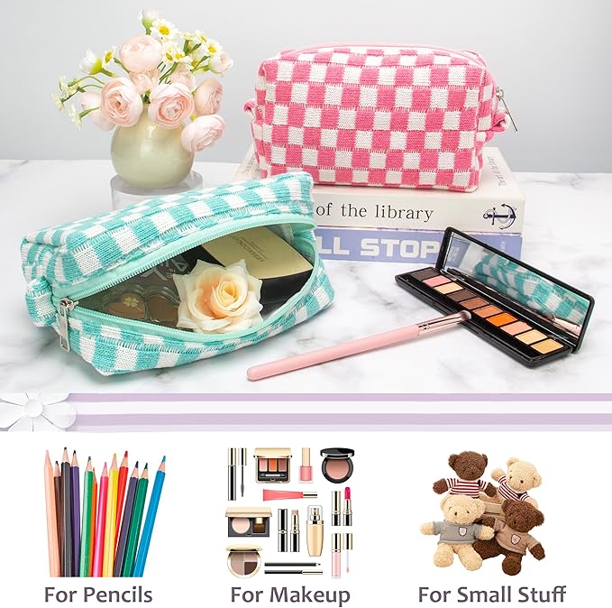 Checkered Makeup Bag for Purse, Small Cosmetic Pouch,Arctic Blue,2 Pack | Cute Zipper Makeup Organizer for Women, Travel Essentials, Toiletries, Makeup Brushes, Beauty Accessories&Bridesmaid Gifts